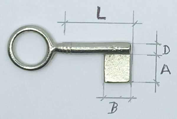 12.605 Clé à ajuster, percée, nickelée, anneau rond, dimensions: fût=Diamètre x Longueur, paneton = AxB.