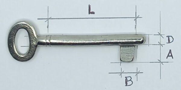 12.607 Clé à ajuster, à nez, nickelée, anneau plat, dimensions: fût=Diamètre x Longueur, paneton = AxB.